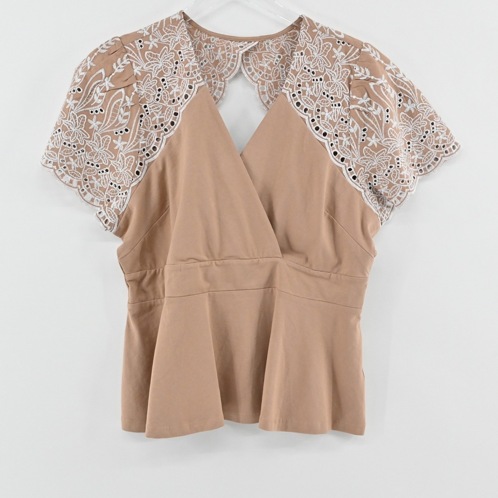 Boston Proper Beige Peplum Top with White Lace Cap Sleeves